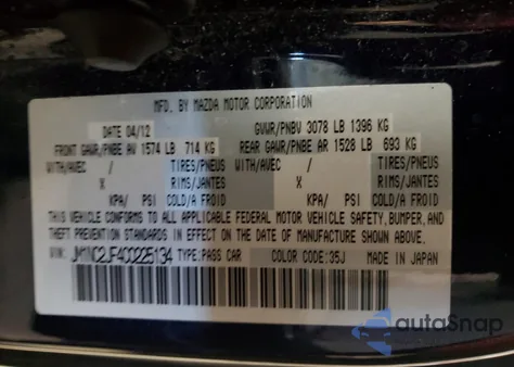 2012 Mazda Mx-5 Miata from USA, damaged, VIN JM1NC2JF4C0225134